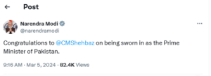 بھارتی وزیراعظم نریندر مودی کی شہباز شریف کو وزارت عظمیٰ کا حلف اٹھانے پر مبارکباد
